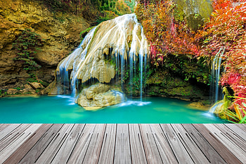 Waterfalls, Thailand, wood, moss, trees, water, foliage, walkway HD wallpaper