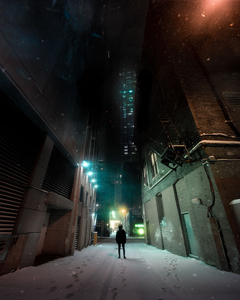 Snow, Building, Dark, Night City, Human, Person, Loneliness HD phone wallpaper