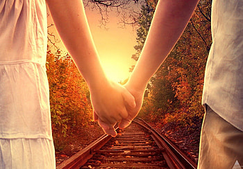 Always Together, love, fall, other, trees, hands, sunset, together, railroad HD wallpaper