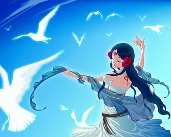 Girl n Bird, blue, animal, cute, long hair, rose, wing, flower, scenic, female, sexy, wings, white, scene, bird, hot, blue hair, girl, anime girl, anime, red, sky HD wallpaper