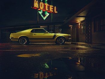Mustang Outside Motel, ford-mustang, cars, behance HD wallpaper