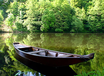 Summer days, river, summer, boat, green, trees HD wallpaper