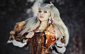 Fantasy beauty, winter, white, model, girl, orange, beauty, woman, fur, fantasy, princess HD wallpaper