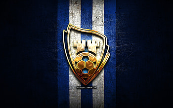 Sarpsborg 08 FC, golden logo, Eliteserien, blue metal background, football, norwegian football club, Sarpsborg 08 FF logo, soccer, Sarpsborg 08 FF HD wallpaper