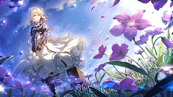 Anime Girl Is Standing In Blue Sky Background Purple Flowers Anime Girl HD wallpaper