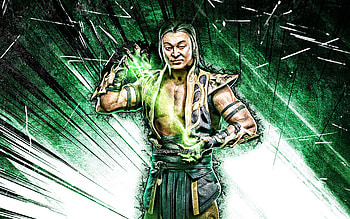 Shang Tsung, grunge art, MK11, Mortal Kombat 11, green abstarct rays, Mortal Kombat, Shang Tsung Mortal Kombat HD wallpaper
