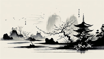 Serene Black and White Asian Landscape, landscape, pagoda, cherry blossom HD wallpaper
