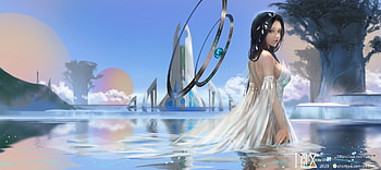 Aqua beauty, blue, white, art, shiwen liu, girl, summer, fantasy, luminos, water, vara HD wallpaper