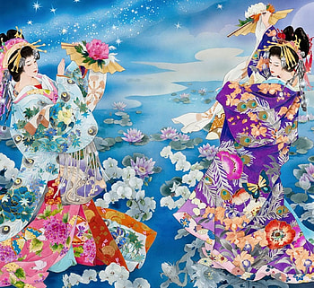 Geishas, couple, geisha, tsuki, haruyo morita, kimono, asian, art, hoshi, flower, water, lotus HD wallpaper