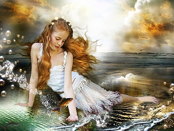 Thinking of life, girl, people, sunrise, beach, woman, fantasy, pretty, young, fish HD wallpaper