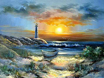 On Watch, sand, light house, grass, seagulls, rocks, beach, waves, sky, water, sunset HD wallpaper