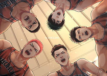 Shohoku Five Huddle — Miyagi, Rukawa, Sakuragi, Mitsui & Akagi (Slam Dunk ), Miyagi Ryota, Kaede Rukawa, Hanamichi Sakuragi, Akagi Takenori, Anime, Slam Dunk HD wallpaper