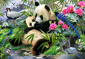 By Howard Robinson, animal, bear, painting, bird, art, flower, howard robinson, panda HD wallpaper