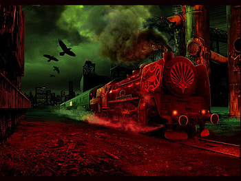 Ticket to Fantasyland, night, black birds, fantasy, green, red, train HD wallpaper