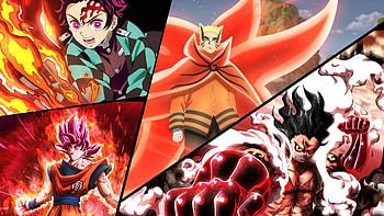 Baryon Mode Goku Hinokami Kagura Monkey D. Luffy Naruto Uzumaki Tanjiro Kamado Crossover HD wallpaper
