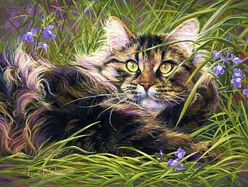 In the Grass, artwork, resting, painting, cat, flowers HD wallpaper