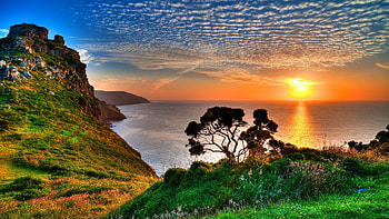 Exmoor NP, England, rocks, coast, sunset, clouds, trees, sky HD wallpaper