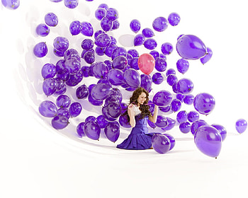 Miley Cyrus, balloons, miley, cyrus, brunette, purple dress, actress HD wallpaper