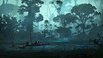 Swamp, boat, blue, people, tree, jakub skop, fantasy, luminos, water, silhouette HD wallpaper