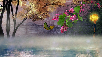 Early Fall Mist, firefox persona, lamp, fall, autum, tree, mist, butterfly, light, flowers, water HD wallpaper