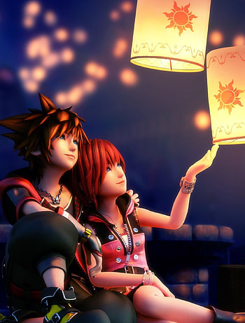 Sora and Kairi, Floating lanterns scene, Kingdom Hearts, Beautiful moment HD phone wallpaper