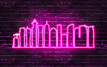 Doha purple neon silhouette, , purple neon lights, Doha skyline silhouette, purple brickwall, qatari cities, neon skyline silhouettes, Qatar, Doha silhouette, Doha HD wallpaper