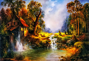 The Old Mill, wheel, artwork, river, painting, waterfall, trees, watermill HD wallpaper