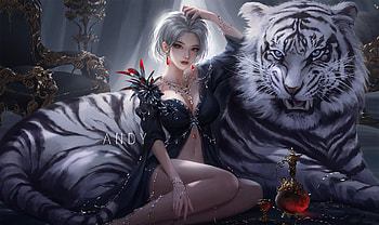 Year of the Tiger, white, zodiac, art, tiger, tigru, andy, girl, fantasy HD wallpaper