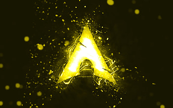 Arch Linux yellow logo, , yellow neon lights, creative, yellow abstract background, Arch Linux logo, Linux, Arch Linux HD wallpaper