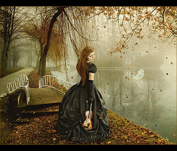 Autumn_Melancholy, river, lady, nature, fall HD wallpaper