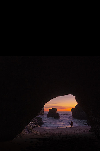Water, Sunset, Rocks, Dark, Silhouette, Cave HD phone wallpaper