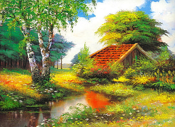 Cottage by the forest creek, river, creek, art, peaceful, beautiful, serenity, summer, painting, trees, nature, cottage, calmness, forest, countryside, stream HD wallpaper