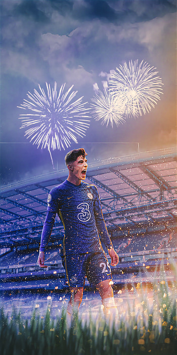 Kai Havertz, chelsea, london, England, Edit, fireworks, Tottenham, ball, firecracker, dark, futbal, Spurs, ucl, sky, fantasy, United Kingdom, football, premier league, Champions, footballer, blue, dream, , , Germany, arsenal HD phone wallpaper