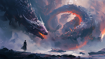 Epic Dragon Encounter - Fantasy, fantasy, dragon, battle, mythology, landscape, fantasy landscape HD wallpaper
