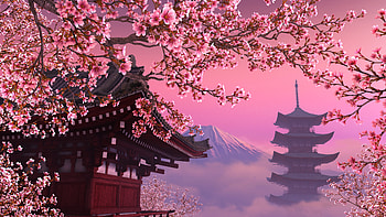 Building, Flower, Japanese, Mount Fuji, Artistic HD wallpaper