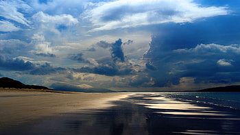 Preview sea, ocean, evening, beach, sand, sky, clouds HD wallpaper