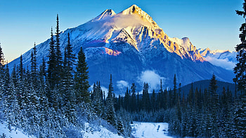 Banff National Park, Alberta, snow, trees, landscape, road, sky, canada, mountain HD wallpaper