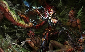 Demon hunter, fantasy, green, red, dota 3, game, girl, woman HD wallpaper