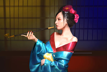 Geisha, art, asian, red, girl, blue, frumusete, kimono, pink, fantasy, luminos HD wallpaper