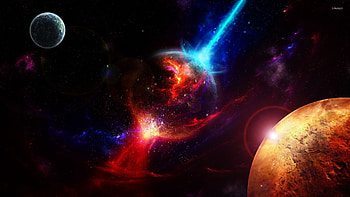 Planet in the red and blue galaxy HD wallpaper