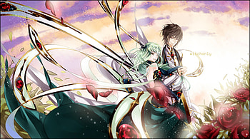 Code Geass, yellow eyes, colors, cc, lalouch, purple eyes, sunrise, rose, green hair HD wallpaper