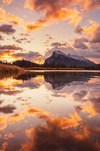 Nature, Trees, Sunset, Mountains, Clouds, Reflection, Fir, Spruce HD phone wallpaper