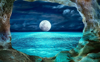 Full moon, moon, night, blue, sea, luna, cave, water HD wallpaper