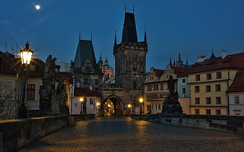 Charles Bridge Prague cityscape, Moonlit night, Czech Republic travel, High-quality HD wallpaper