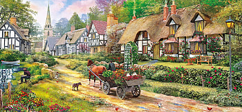 Off to Market, horse, painting, fishing, cottage, flowers, pool, cart HD wallpaper