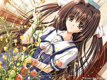 Anime, brown hair, brown eyes, flowers, cutie HD wallpaper