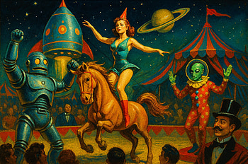 Circus Spectacle: Retro Space-Themed Extravaganza, circus, alien, space, horse HD wallpaper