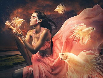 Fantasy Girl, fish, fantasy, art, woman HD wallpaper