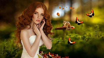 Gorgeous Autumn, breathtaking, gorgeous, girl, beautiful, woman, butterflies, season, leaves, chipmunk, pretty, autumn, redhead, lovely, female, stunning HD wallpaper
