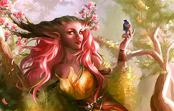 Elf and Bluebird, colorful, bird, art, girl, beautiful, pink hair, elf, woman, digital, fantasy, pretty, friends, female HD wallpaper